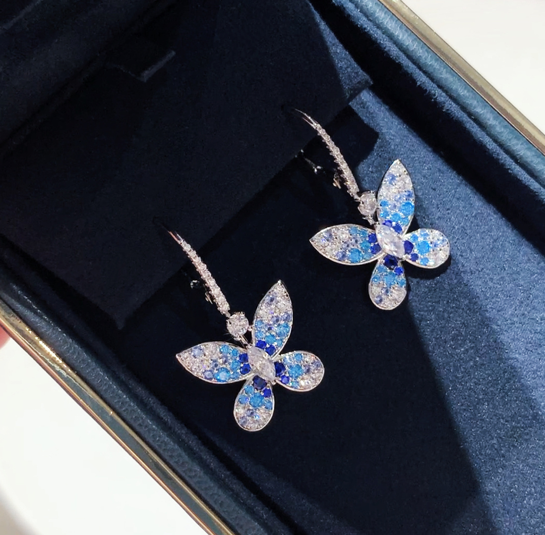 Diamond Stud Earrings - New 925 Silver High Double Blue
